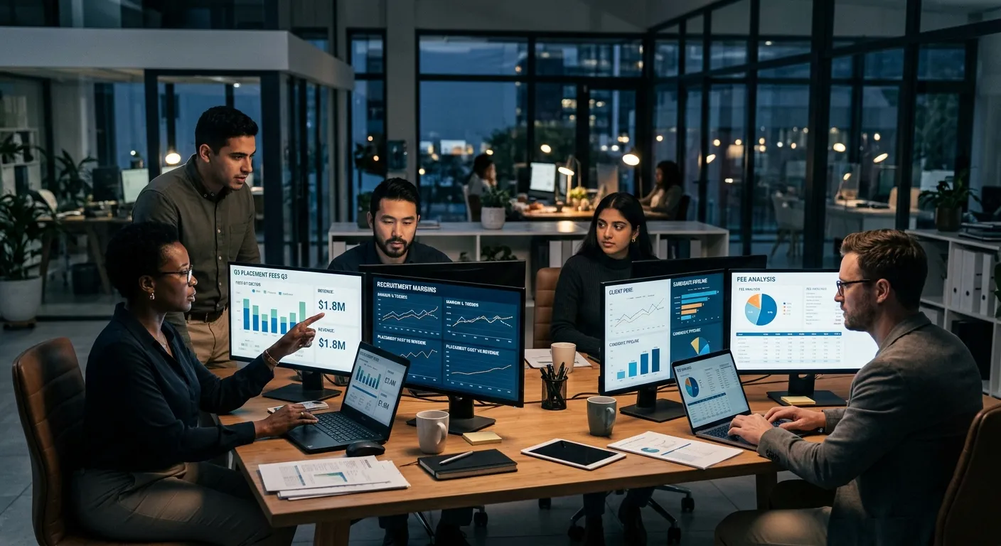 A modern, professional office environment with a diverse recruitment team analyzing data on multiple... A modern, professional office environment with a diverse recruitment team analyzing data on multiple monitors, showing charts and graphs related to placement fees and margins. Moody, focused lighting.