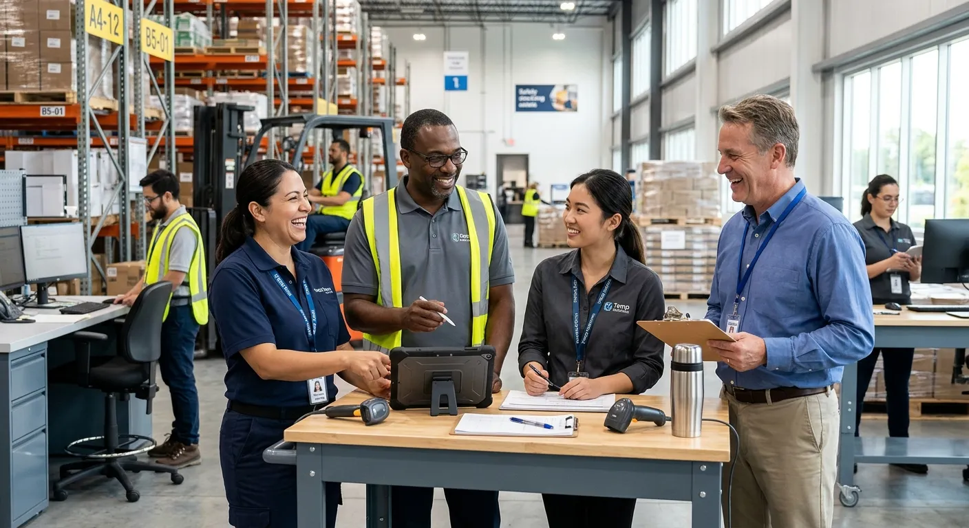A professional, diverse group of temporary workers in a modern warehouse or office setting, collaborating and smiling. Style is bright, high-resolution, and conveys energy and reliability. Mood is productive and trustworthy.