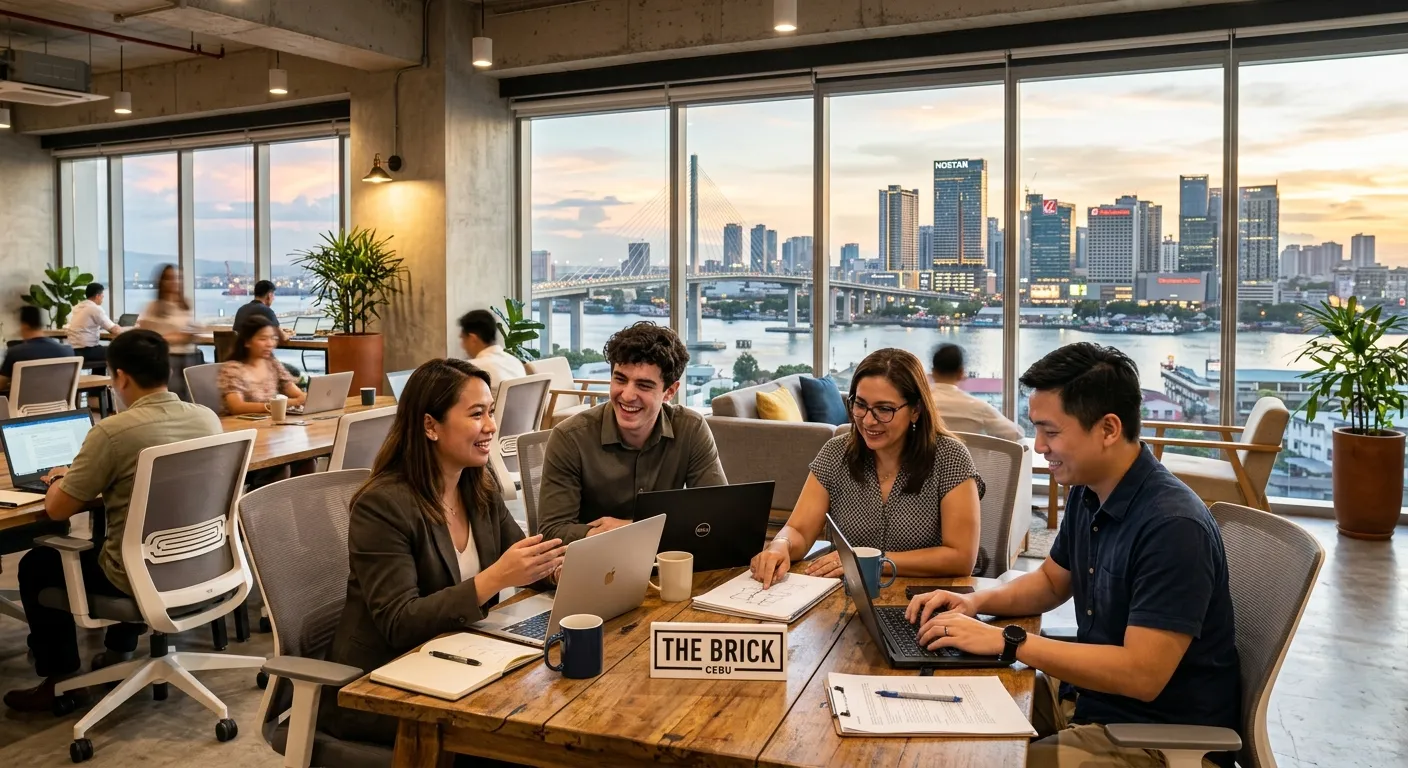 A dynamic, professional photo of the Cebu city skyline blended with a diverse group of modern profes... A dynamic, professional photo of the Cebu city skyline blended with a diverse group of modern professionals working collaboratively in a bright, open-plan office or a co-working space, symbolizing opportunity and flexible work.