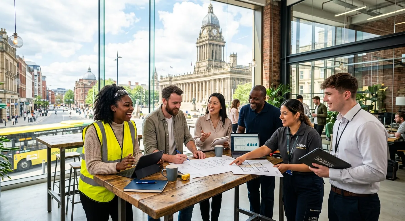 A high-energy, professional photo of a diverse team of office and light industrial workers collabora... A high-energy, professional photo of a diverse team of office and light industrial workers collaborating in a modern Leeds city centre workspace, with Leeds Town Hall visible through a window. Style: Vibrant, authentic, and aspirational.