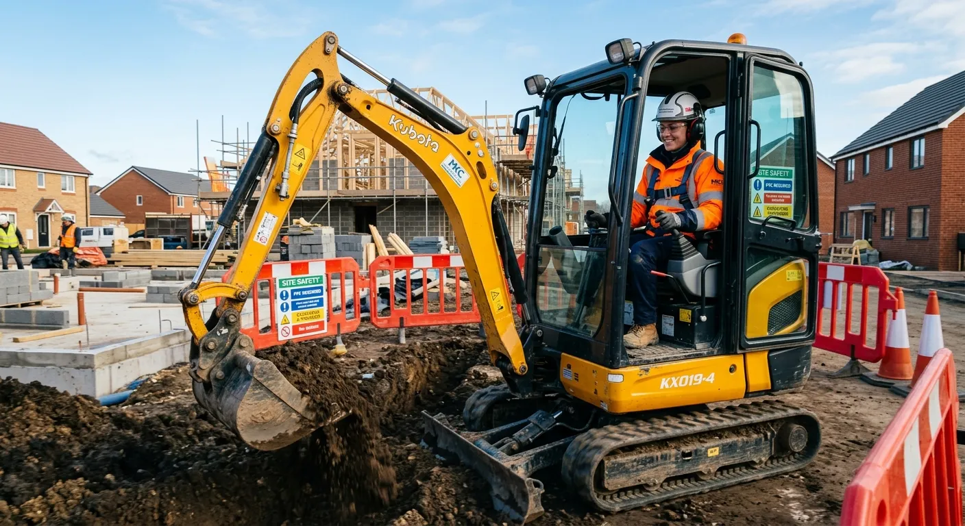 A professional, high-resolution image of a skilled groundworker operating a mini-excavator on a resi... A professional, high-resolution image of a skilled groundworker operating a mini-excavator on a residential construction site in Milton Keynes, showcasing modern PPE, clear skies, and a focus on safety and precision, with a confident and industrious mood.