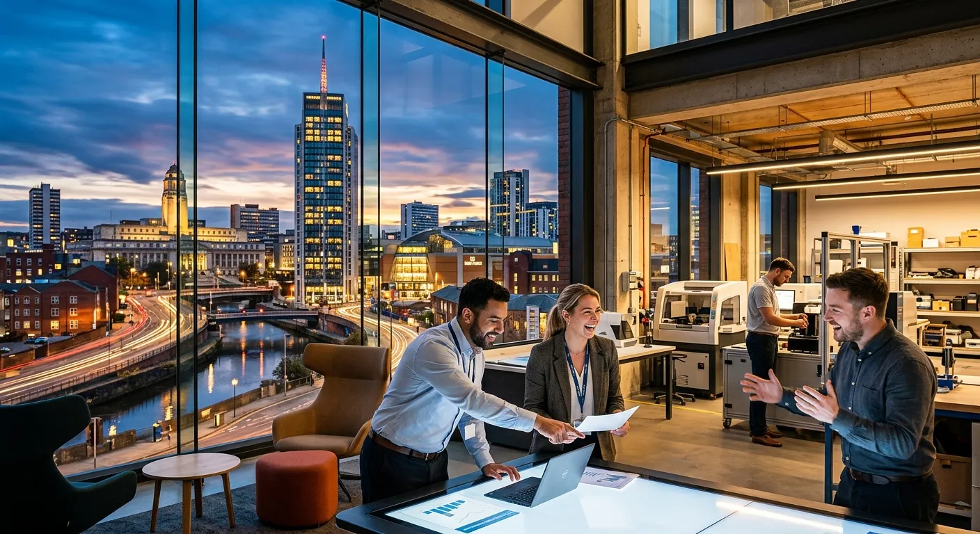 A dynamic, high-contrast hero image of Leeds city skyline (including Bridgewater Place) blending with modern professionals in a collaborative office and light industrial setting. Style: Professional, vibrant, and forward-looking. Mood: Energetic, reliable, and efficient.