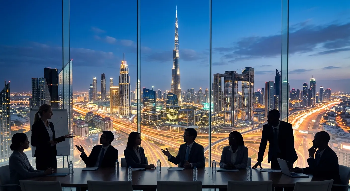 A modern, high-rise Dubai skyline (Burj Khalifa, Marina) at dusk, overlaid with silhouettes of professional executives in a meeting, symbolizing elite headhunting and corporate success. Professional, aspirational mood.