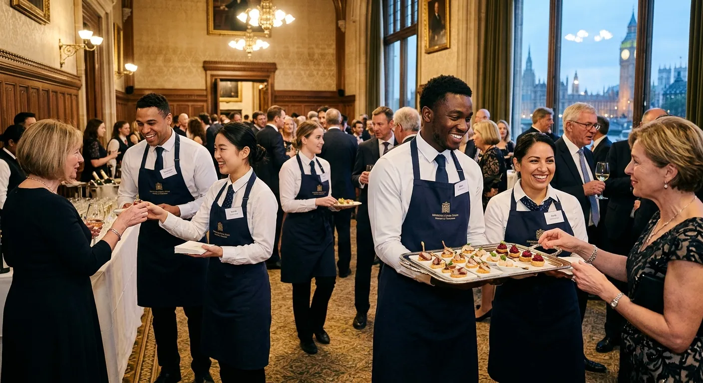 Professional, energetic photo of a diverse team of catering staff in smart uniforms, smiling and ser... Professional, energetic photo of a diverse team of catering staff in smart uniforms, smiling and serving canapés at a sophisticated event in a Westminster venue like the Houses of Parliament or a luxury hotel, conveying teamwork and a high-end service atmosphere.