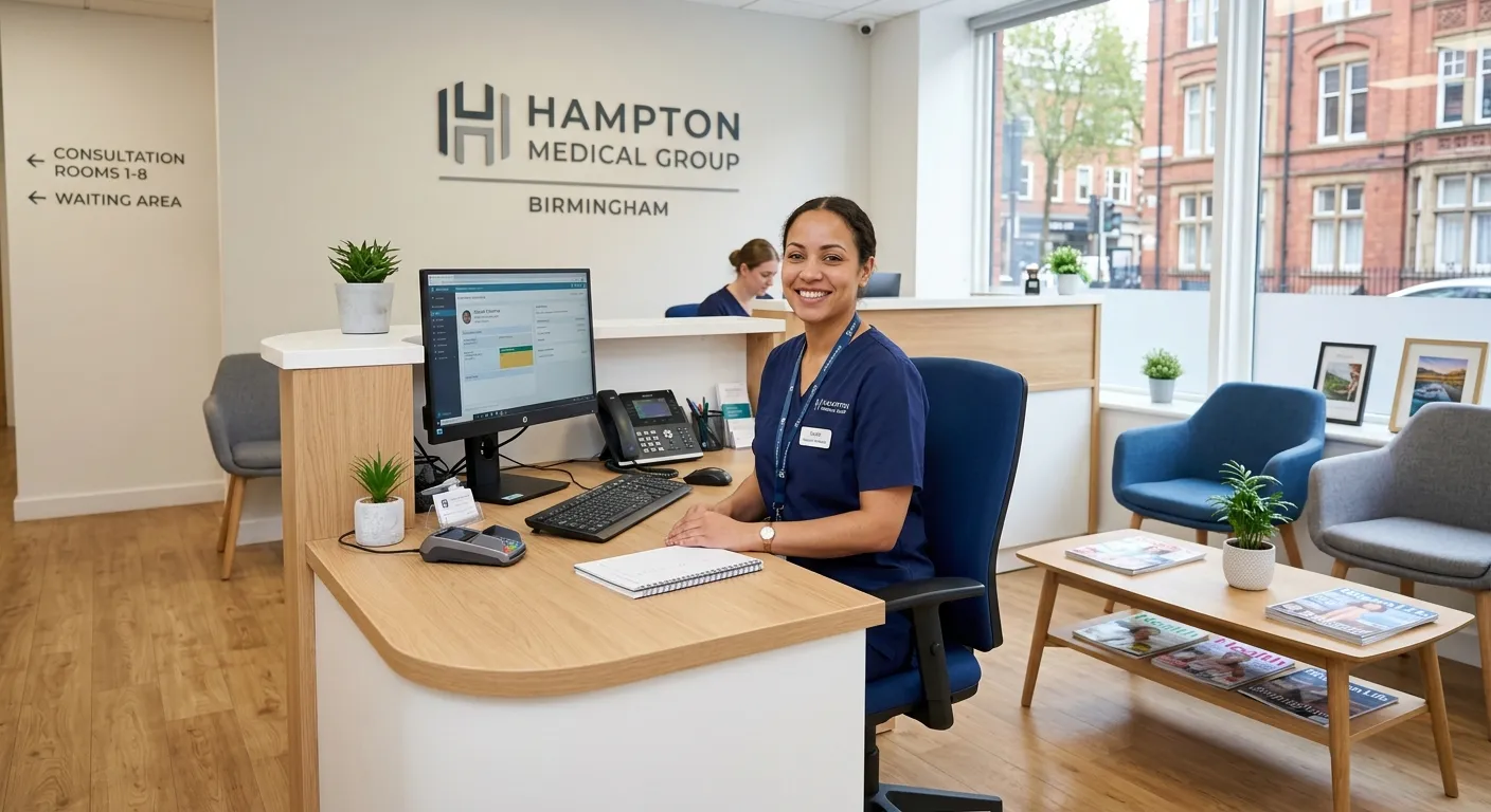 A professional, welcoming image of a modern medical reception area in Birmingham, with a friendly re... A professional, welcoming image of a modern medical reception area in Birmingham, with a friendly receptionist at a desk, a computer, and a calm, organised atmosphere. Style: professional, bright, and inviting.
