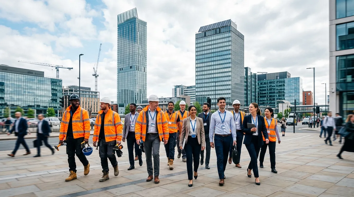 A dynamic, professional hero image of Manchester's modern skyline (Beetham Tower, CIS Building) blen... A dynamic, professional hero image of Manchester's modern skyline (Beetham Tower, CIS Building) blending with a diverse group of skilled temporary workers in high-vis jackets and office attire, symbolising the city's vibrant agency work ecosystem. Style: Modern, energetic, with a slight motion blur to convey activity.