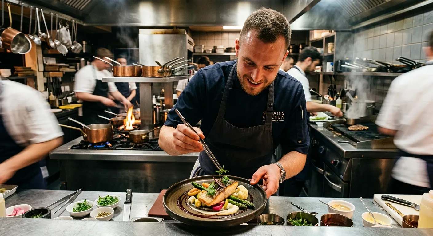 A professional, energetic chef in a busy London kitchen, plating a modern dish. The mood is dynamic... A professional, energetic chef in a busy London kitchen, plating a modern dish. The mood is dynamic and focused, showing the fast-paced environment of a professional kitchen.