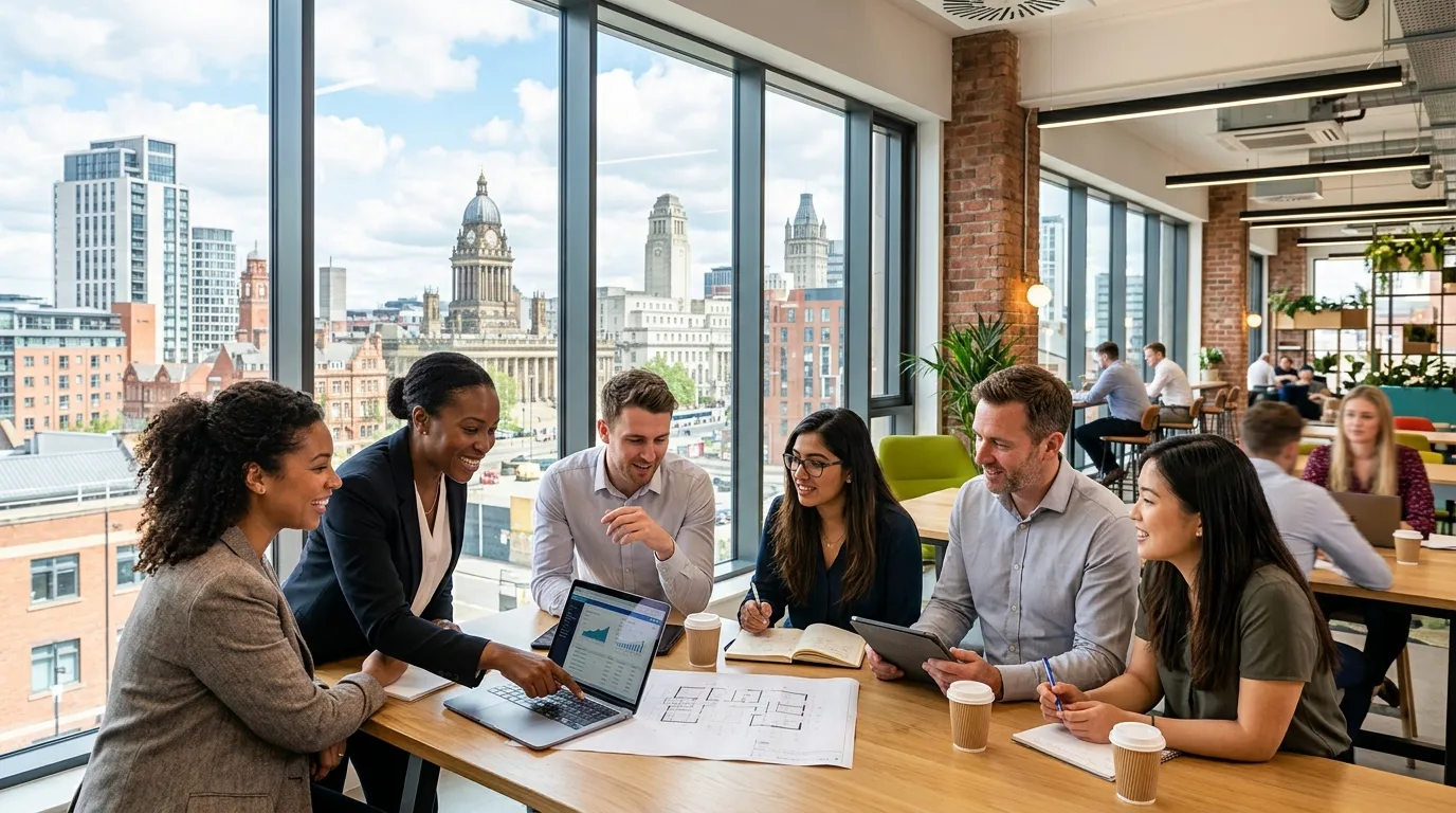 A dynamic, professional hero image showing a diverse group of professionals collaborating in a moder... A dynamic, professional hero image showing a diverse group of professionals collaborating in a modern Leeds city centre office or a bustling industrial workspace, with the Leeds skyline visible through windows. Style: Bright, optimistic, professional. Mood: Energetic, successful, forward-thinking.