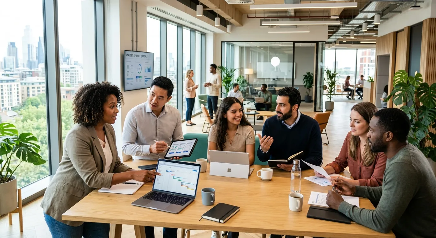 A modern, diverse group of professionals collaborating in a bright, open-plan office. They are engaged in discussion over laptops and tablets, representing both agency workers and permanent staff. Style: Professional, bright, and aspirational. Mood: Collaborative and forward-thinking.