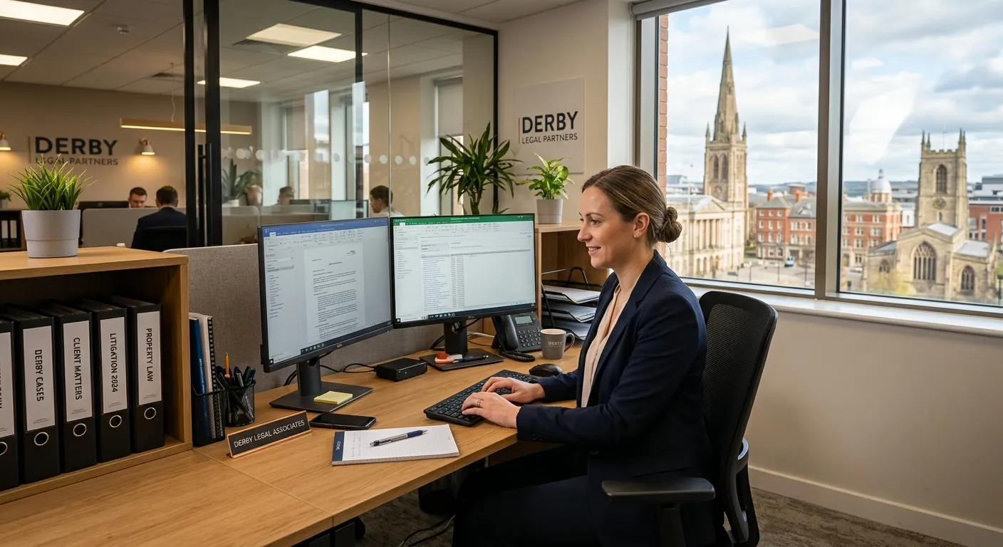 A professional, well-lit photo of a modern legal office in Derby, featuring a focused Legal Secretary working efficiently at a desk with dual monitors, legal binders, and a cityscape of Derby visible through the window. Style: professional, aspirational, local.