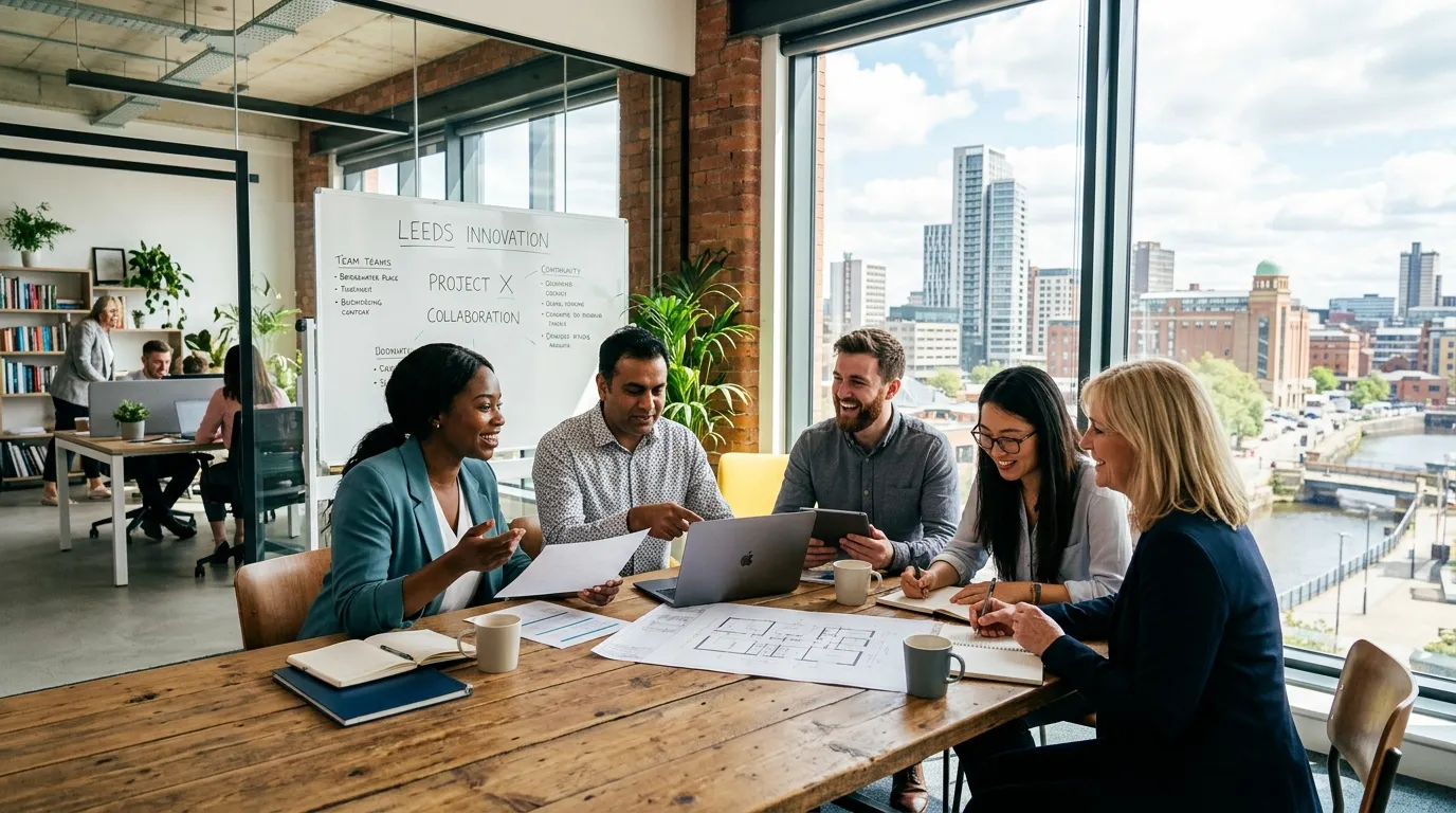 A dynamic, professional hero image showing a diverse group of professionals collaborating in a moder... A dynamic, professional hero image showing a diverse group of professionals collaborating in a modern Leeds office or industrial setting, with the Leeds skyline visible through a window. Style: Bright, optimistic, high-contrast. Mood: Energetic and productive.