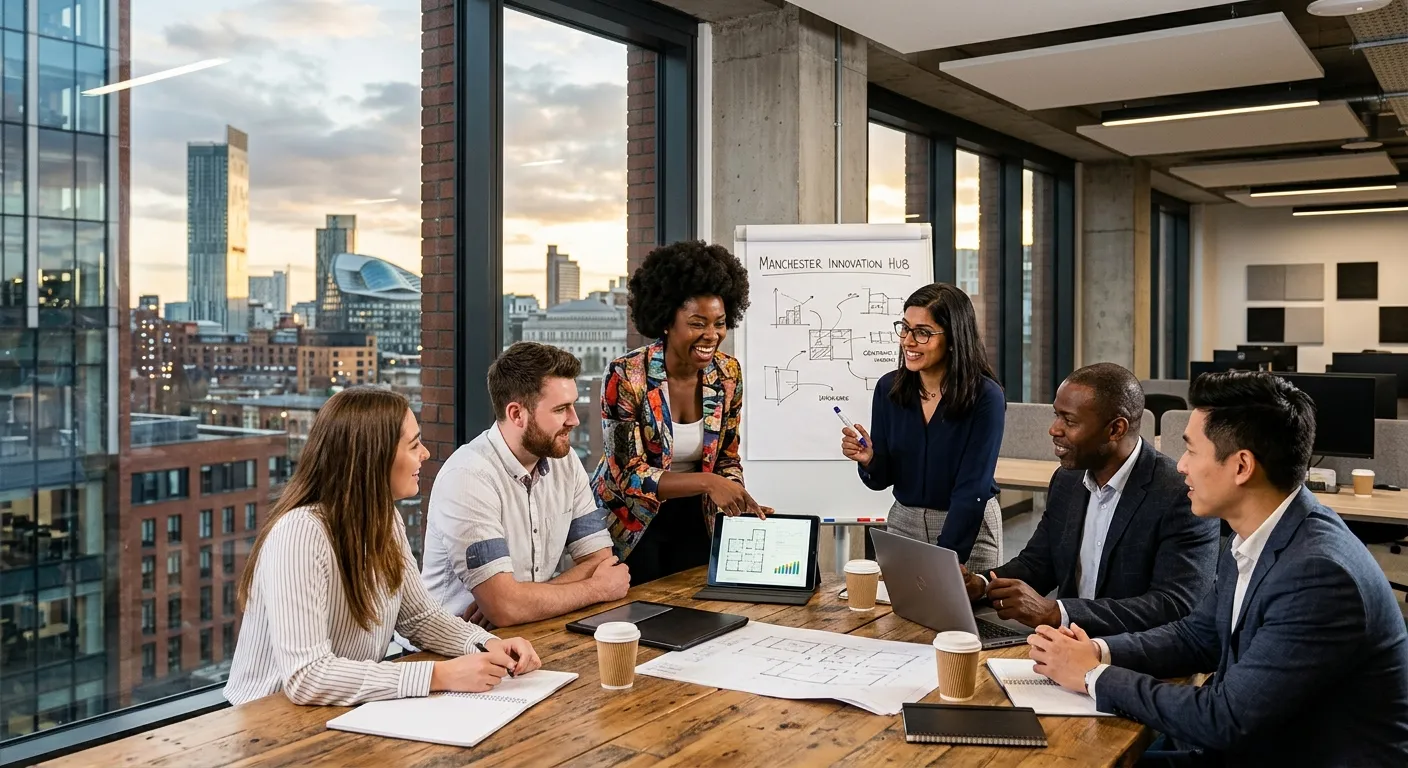 A dynamic, professional hero image showing a diverse group of Manchester professionals collaborating... A dynamic, professional hero image showing a diverse group of Manchester professionals collaborating in a modern office or industrial setting, with the Manchester skyline subtly visible in the background. Style: Vibrant, optimistic, high-contrast.