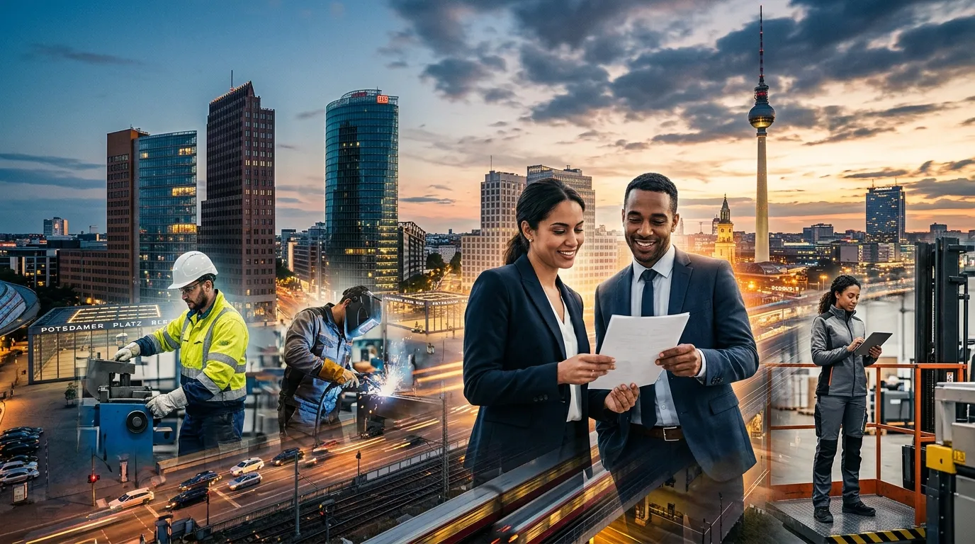 A dynamic, professional hero image of Berlin's modern skyline (Potsdamer Platz/Alexanderplatz) overl... A dynamic, professional hero image of Berlin's modern skyline (Potsdamer Platz/Alexanderplatz) overlaid with diverse professionals in business and light industrial settings, symbolizing the city's vibrant temp workforce. Style: Modern, aspirational, high-contrast. Mood: Energetic, professional, and forward-thinking.