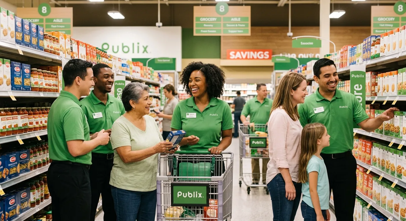 A professional, well-lit photo of a diverse team of Publix employees in clean uniforms, smiling and... A professional, well-lit photo of a diverse team of Publix employees in clean uniforms, smiling and assisting customers in a modern, well-stocked supermarket aisle. Focus on a positive and welcoming workplace atmosphere.
