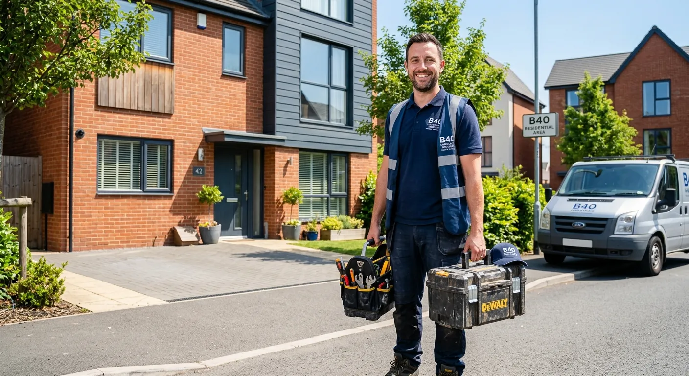 A professional, confident-looking handyman in Birmingham, smiling while holding a toolbox, standing outside a modern residential or commercial property in the B40 area. Style: Bright, welcoming, professional. Mood: Trustworthy and ready for work.