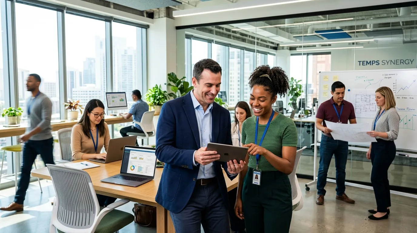 A dynamic, professional hero image showing a diverse team of temporary workers collaborating in a modern, bright office environment. A manager is reviewing a tablet with a smiling temp worker. Style: High-contrast, vibrant, and inspiring. Mood: Productive, efficient, and forward-thinking.