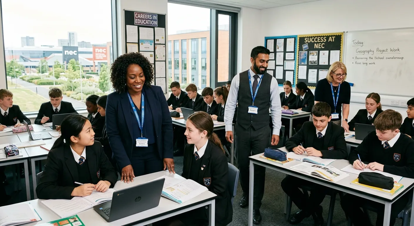 A professional, diverse group of Cover Supervisors in a modern school setting at the NEC Birmingham area, looking engaged and confident as they oversee students, with a bright and welcoming atmosphere.