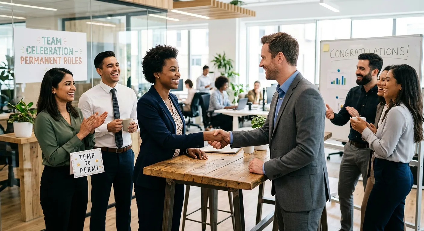 A diverse group of professionals in a modern office, some shaking hands, symbolizing a successful tr... A diverse group of professionals in a modern office, some shaking hands, symbolizing a successful transition from temporary to permanent employment. Bright, optimistic, and professional mood.