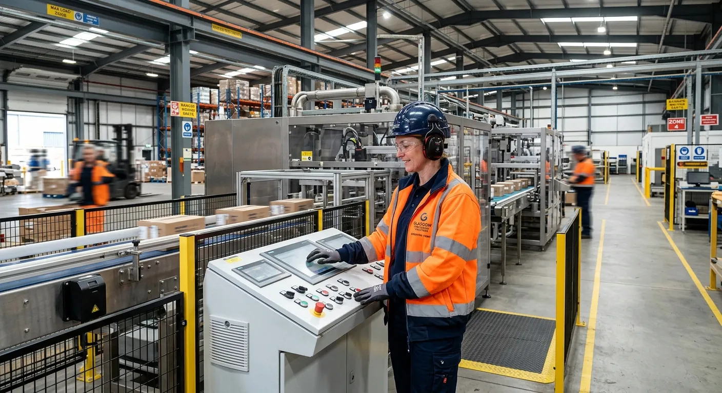 A professional, high-resolution photo of a Plant Operator in a high-visibility jacket safely operating industrial machinery inside a modern Glasgow warehouse or processing facility, conveying competence and safety.