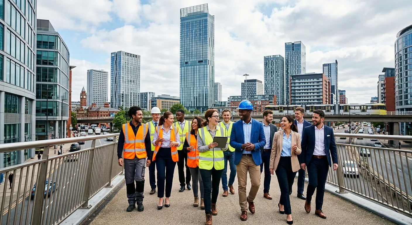 A dynamic, professional photo of Manchester's skyline (Beetham Tower, modern buildings) blending int... A dynamic, professional photo of Manchester's skyline (Beetham Tower, modern buildings) blending into a diverse group of agency workers in high-vis vests and office attire, looking confident and engaged. Style: Modern, vibrant, aspirational. Mood: Energetic, professional, forward-thinking.