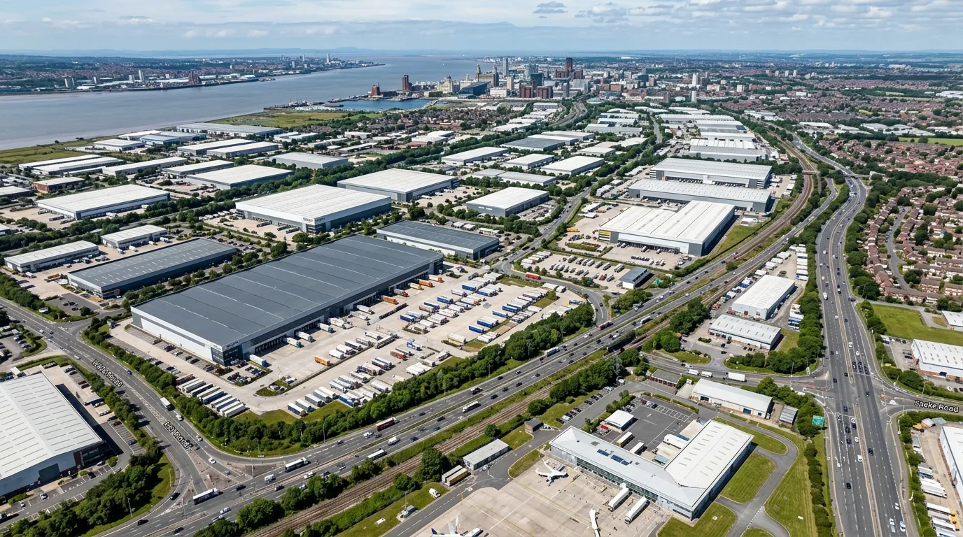 A wide-angle aerial photograph of the modern industrial and logistics parks in the Liverpool Speke (... A wide-angle aerial photograph of the modern industrial and logistics parks in the Liverpool Speke (L24) area, showing large warehouse buildings, distribution yards, and good transport links.