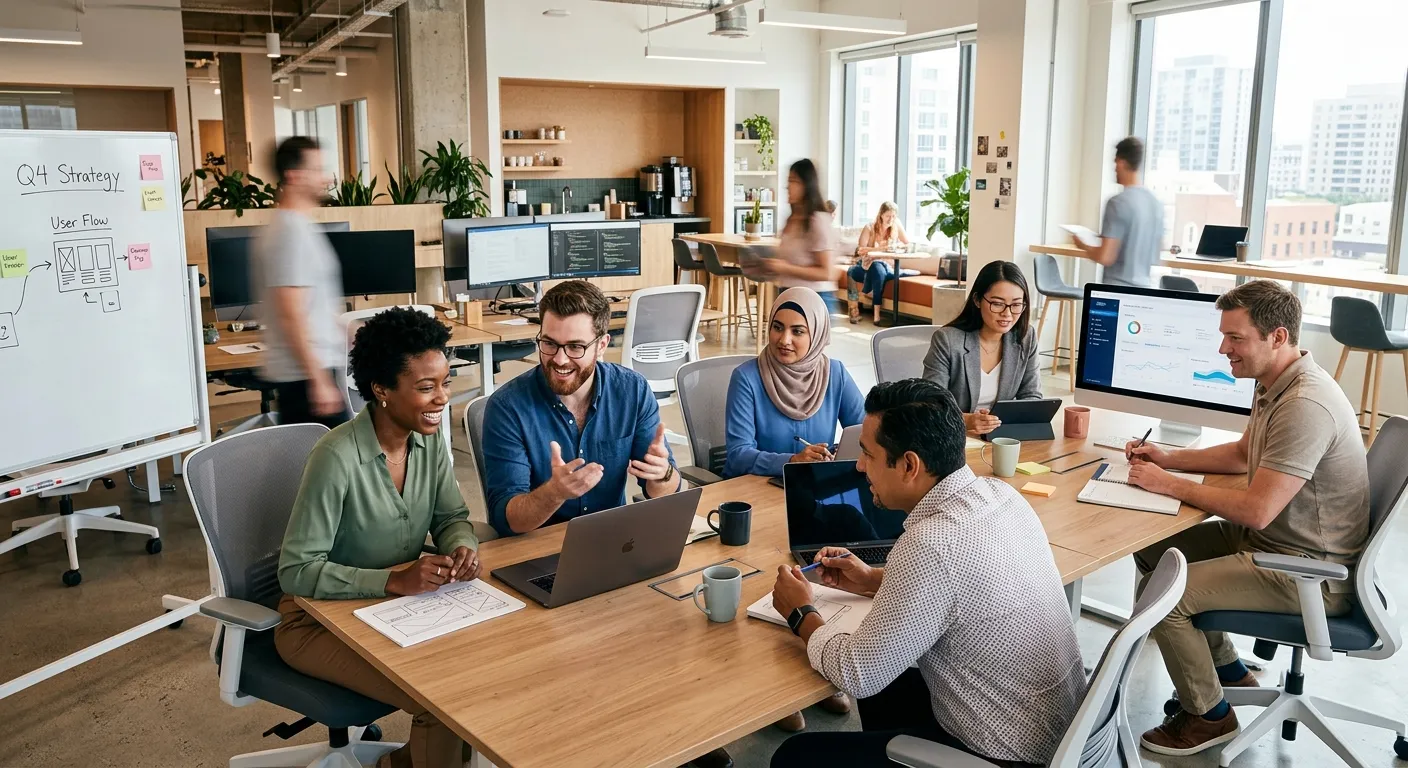 A diverse group of modern professionals collaborating in a bright, open-plan office. The image should convey energy, flexibility, and teamwork, shot from a dynamic angle with a contemporary, professional mood.