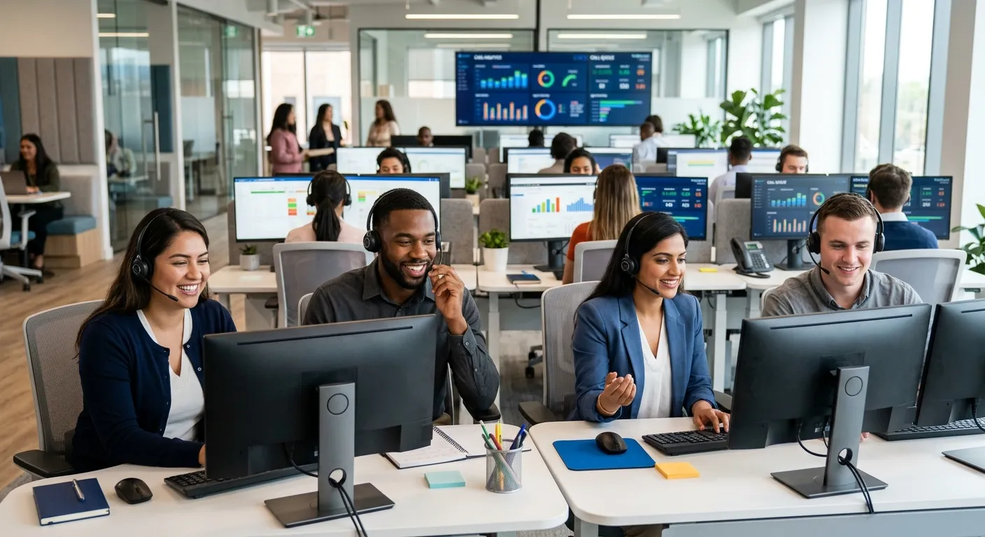 A professional, diverse group of customer service agents in a modern contact centre, smiling and wearing headsets, with a blurred background of computer screens showing analytics dashboards. Style: Professional corporate photography, bright and welcoming mood.