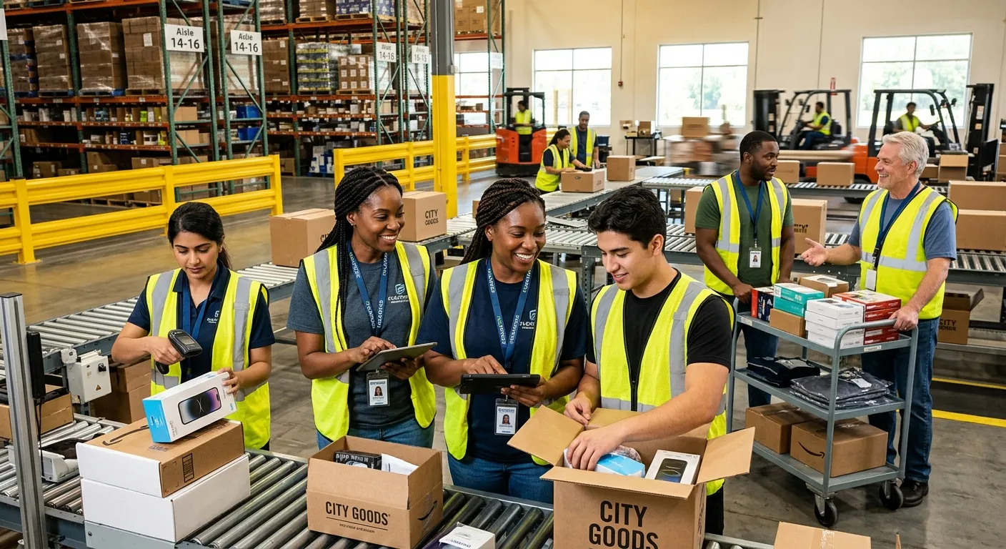 A dynamic, professional hero image showing a diverse group of temporary workers in a modern retail or warehouse setting, collaborating efficiently. Style is bright, optimistic, and high-contrast with a focus on teamwork and action.