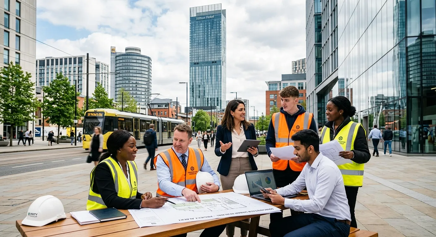 A dynamic, professional composite image showing a diverse group of agency workers in high-vis vests and office attire collaborating in a modern Manchester cityscape, with iconic buildings like Beetham Tower in a slightly blurred background. The mood is energetic, productive, and forward-looking.