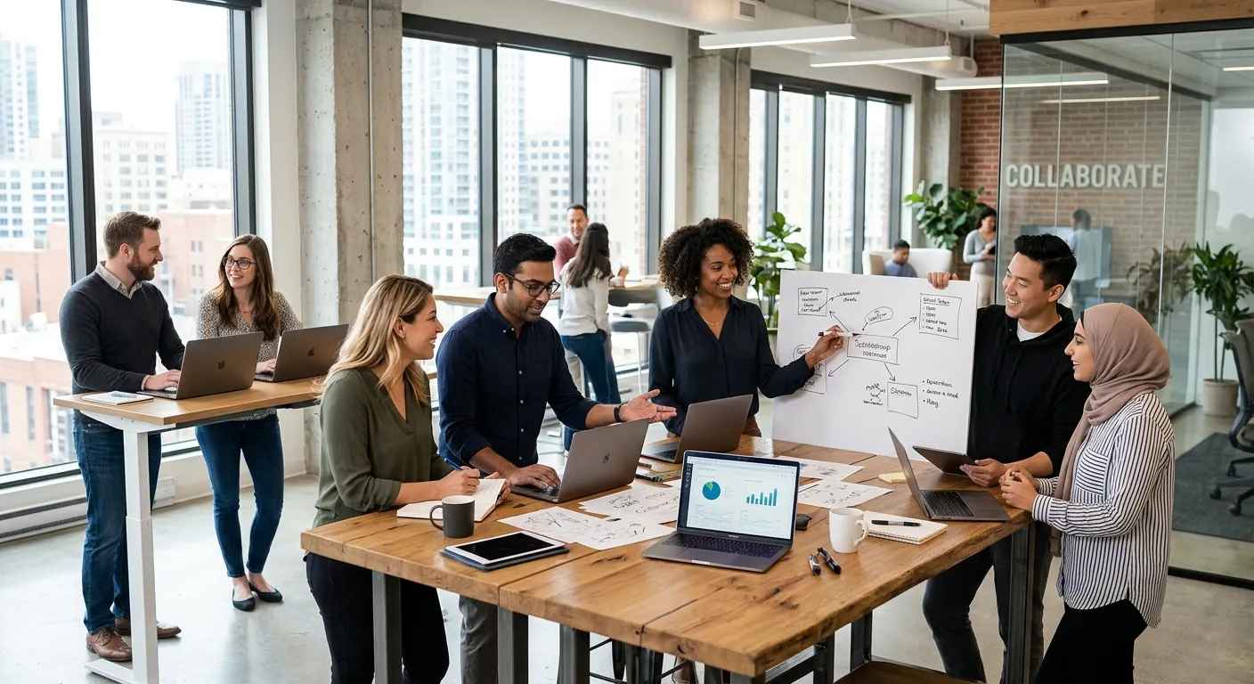 A diverse group of modern professionals collaborating in a bright, open-plan office or a clean indus... A diverse group of modern professionals collaborating in a bright, open-plan office or a clean industrial setting. The image should convey flexibility, professionalism, and dynamic teamwork. Style: High-resolution, vibrant, and contemporary.