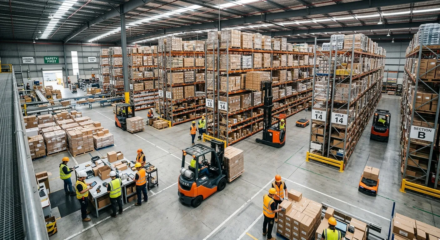 A dynamic, high-angle shot of a modern, efficient warehouse floor. Workers in high-visibility vests... A dynamic, high-angle shot of a modern, efficient warehouse floor. Workers in high-visibility vests operate forklifts and manage inventory against a backdrop of tall, organized shelves. The mood is professional, bustling, and technologically advanced.