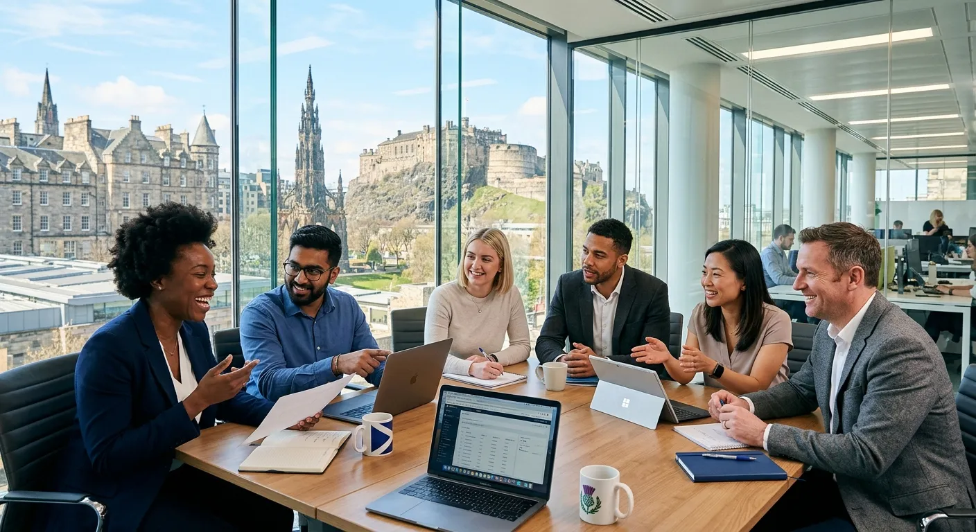 Modern, professional hero image showing a diverse group of professionals in an Edinburgh business se... Modern, professional hero image showing a diverse group of professionals in an Edinburgh business setting, like a glass-fronted office with views of the city skyline, looking engaged and collaborative. Style: Bright, optimistic, professional.