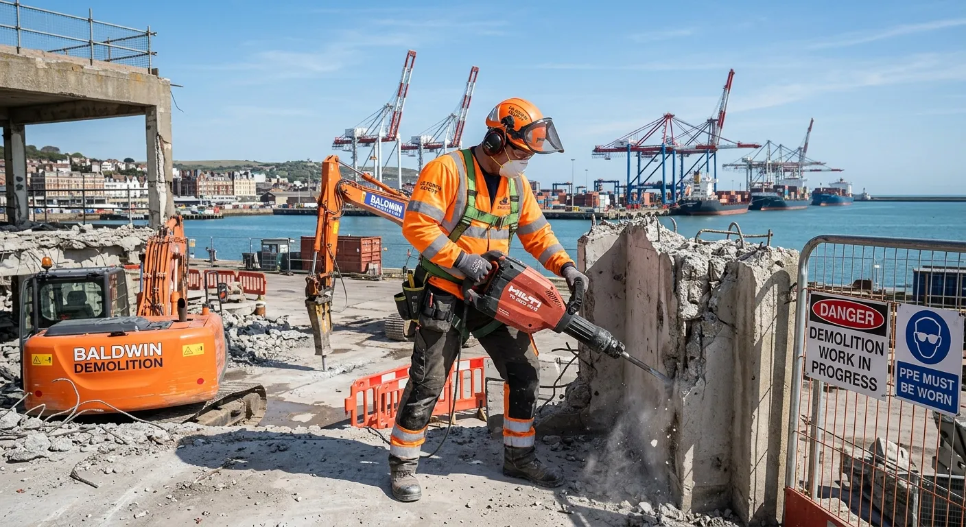 A professional, action-oriented image of a demolition labourer in high-visibility PPE, safely operat... A professional, action-oriented image of a demolition labourer in high-visibility PPE, safely operating a hand tool on a controlled demolition site in a UK port town, with a clear sky and port cranes in the background.