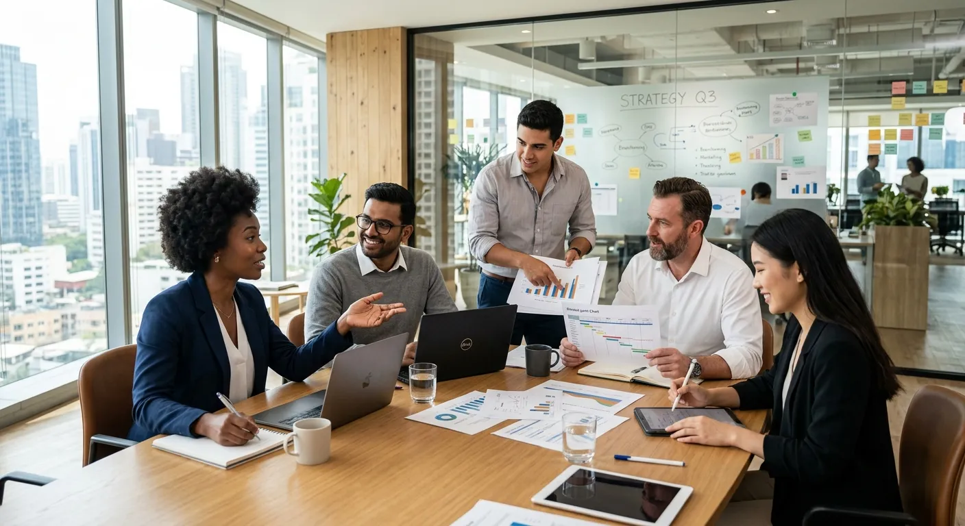 A professional, modern office environment showing a diverse team collaborating around a table with laptops and charts. The mood is focused, productive, and strategic, with natural lighting.