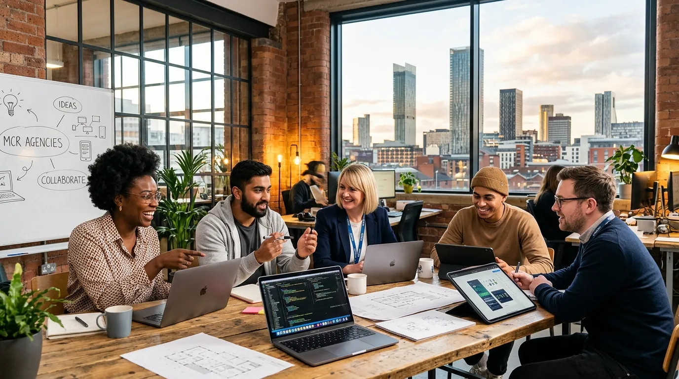 A dynamic, professional hero image showing a diverse group of agency workers collaborating in a mode... A dynamic, professional hero image showing a diverse group of agency workers collaborating in a modern Manchester office or light industrial setting, with the city's skyline visible through a window. Style should be bright, optimistic, and forward-looking.