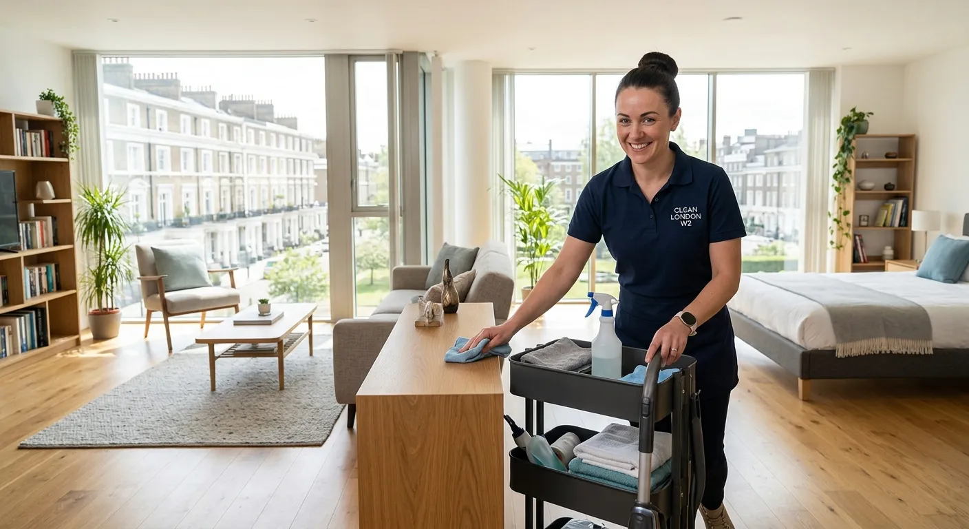 A professional, smiling housekeeper in a crisp uniform, cleaning a modern, sunlit apartment in the London W2 area, conveying trust, cleanliness, and efficiency.