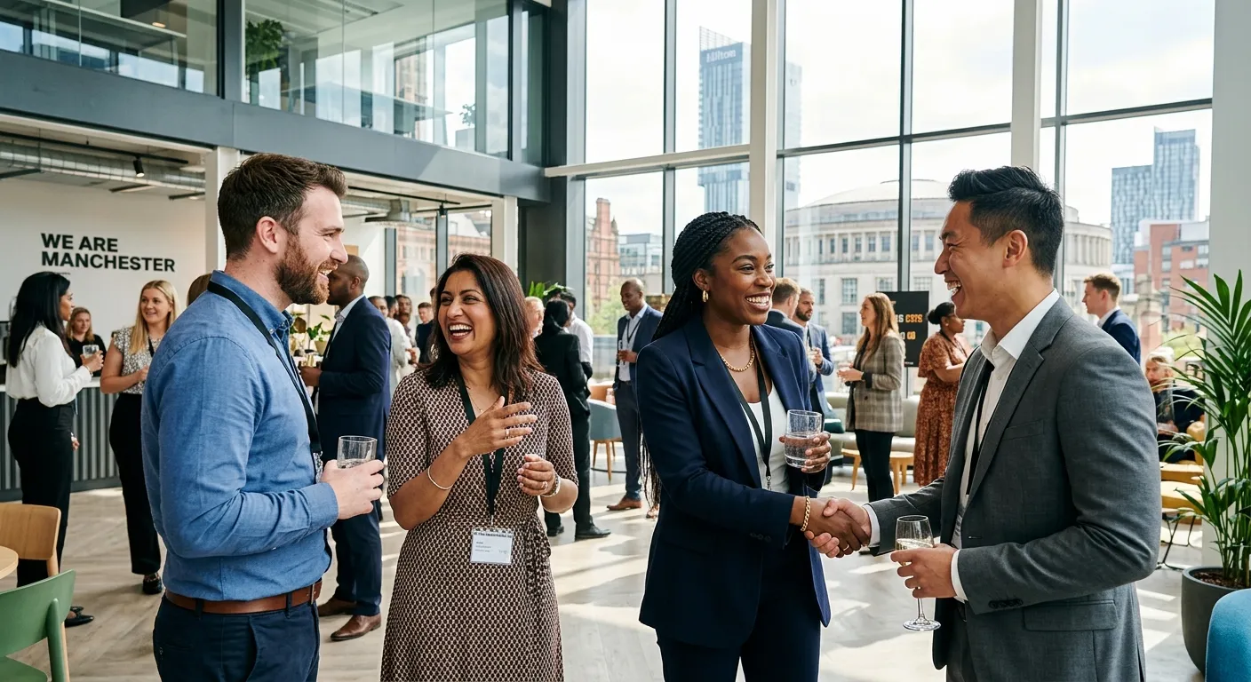 A modern, high-energy professional photo of a diverse group of professionals collaborating in a bright Manchester city centre office or shaking hands at a networking event. The style should be vibrant, professional, and convey success and connection.
