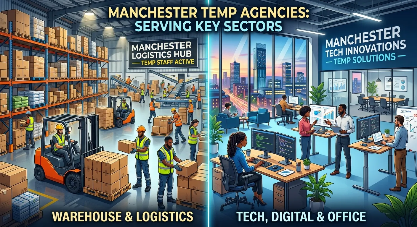 A dynamic, split-screen graphic showing a bustling warehouse on one side and a modern tech office on... A dynamic, split-screen graphic showing a bustling warehouse on one side and a modern tech office on the other, symbolising the range of sectors served by temp agencies in Manchester.