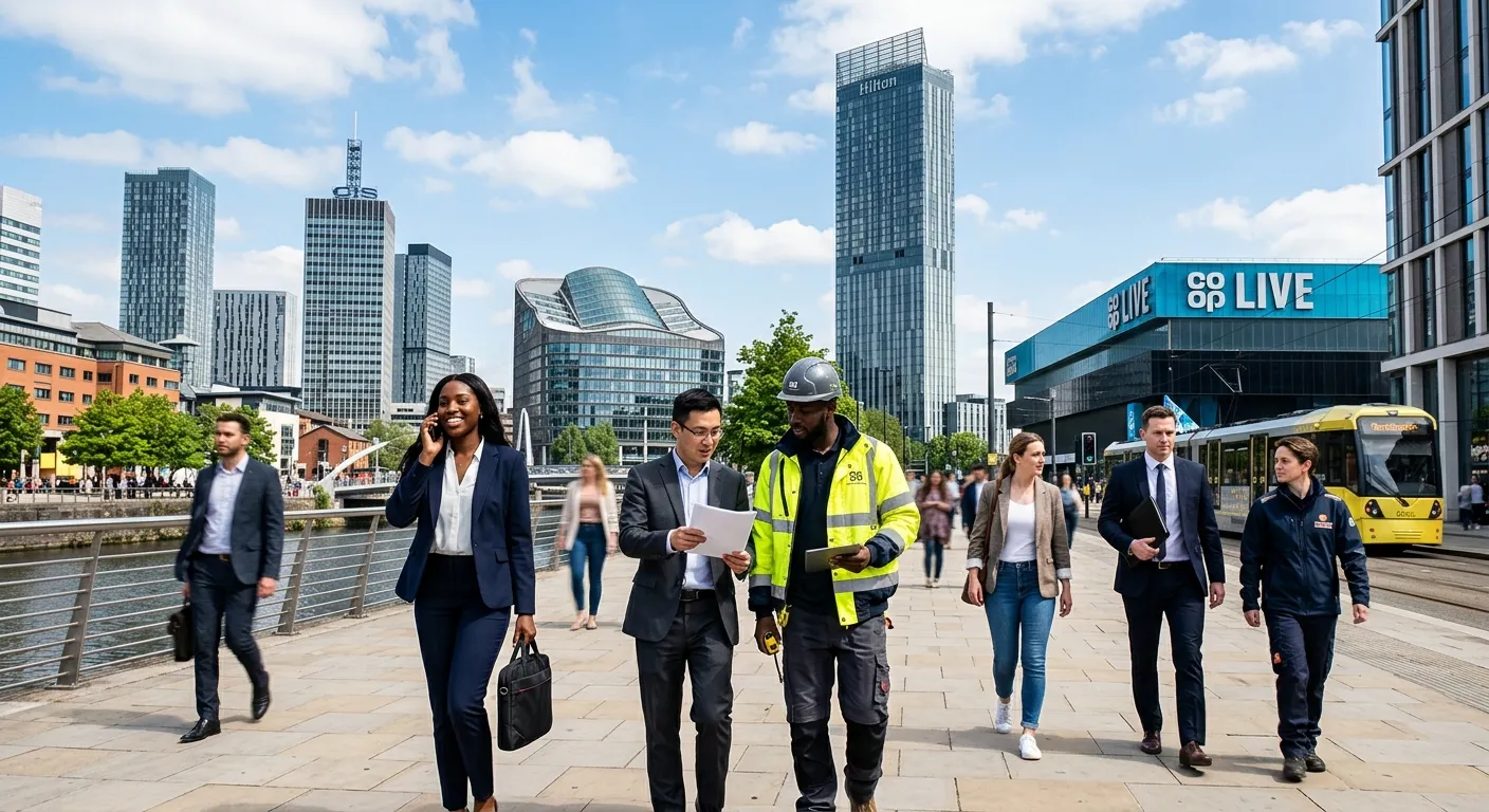 A dynamic, professional photo of the Manchester skyline (Beetham Tower, Co-op Live) blending with diverse professionals in business and industrial attire, symbolizing the city's vibrant job market. Modern, bright, and aspirational style.