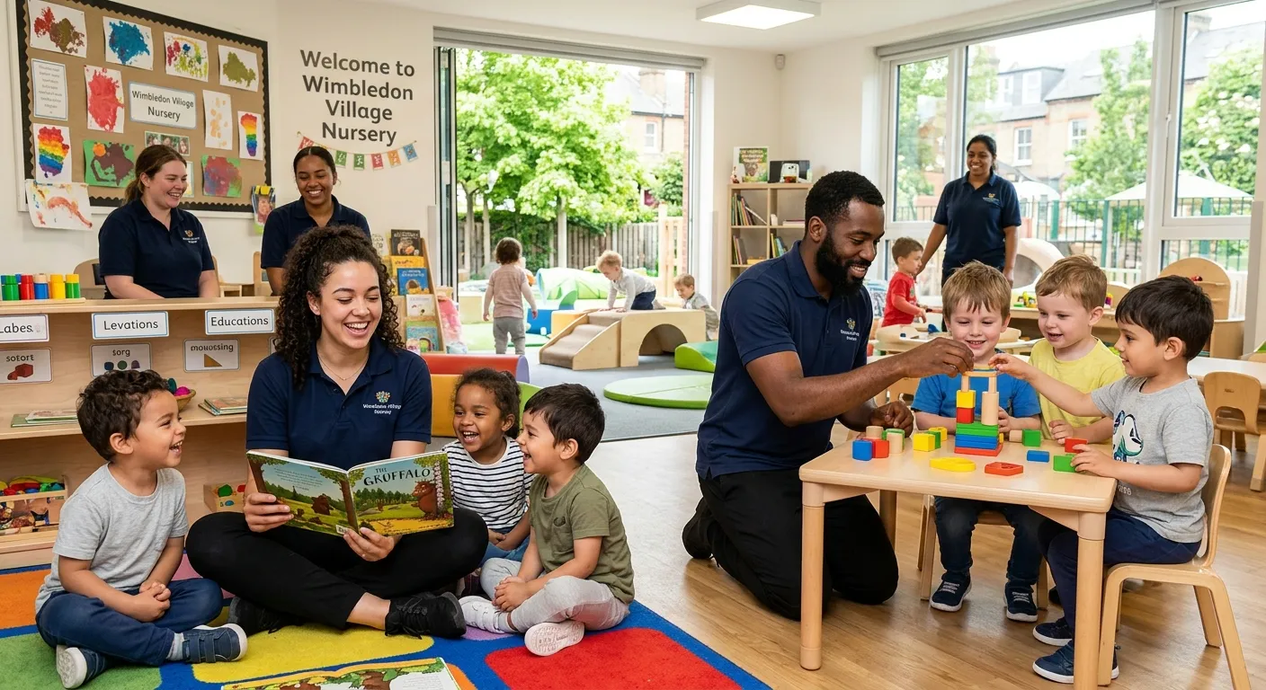 A diverse group of happy, professional nursery nurses engaging with children in a bright, modern nur... A diverse group of happy, professional nursery nurses engaging with children in a bright, modern nursery setting in Wimbledon, showing care and educational activities