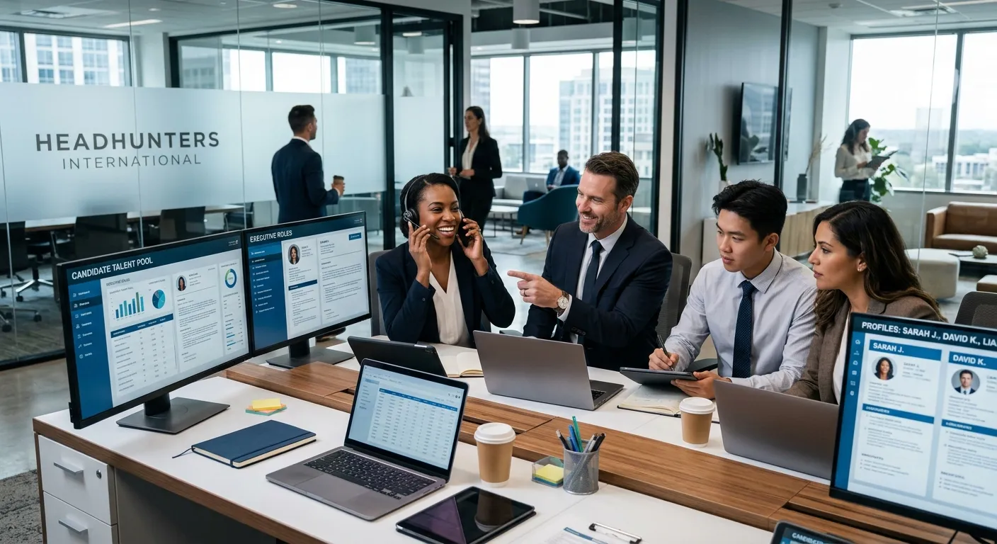 A professional, high-contrast image of a diverse headhunter team in a modern office, collaboratively... A professional, high-contrast image of a diverse headhunter team in a modern office, collaboratively reviewing candidate profiles on multiple screens. One team member is on a phone call, smiling confidently. Style: Corporate, dynamic, with a focus on human connection and technology. Mood: Trustworthy, proactive, and results-driven.