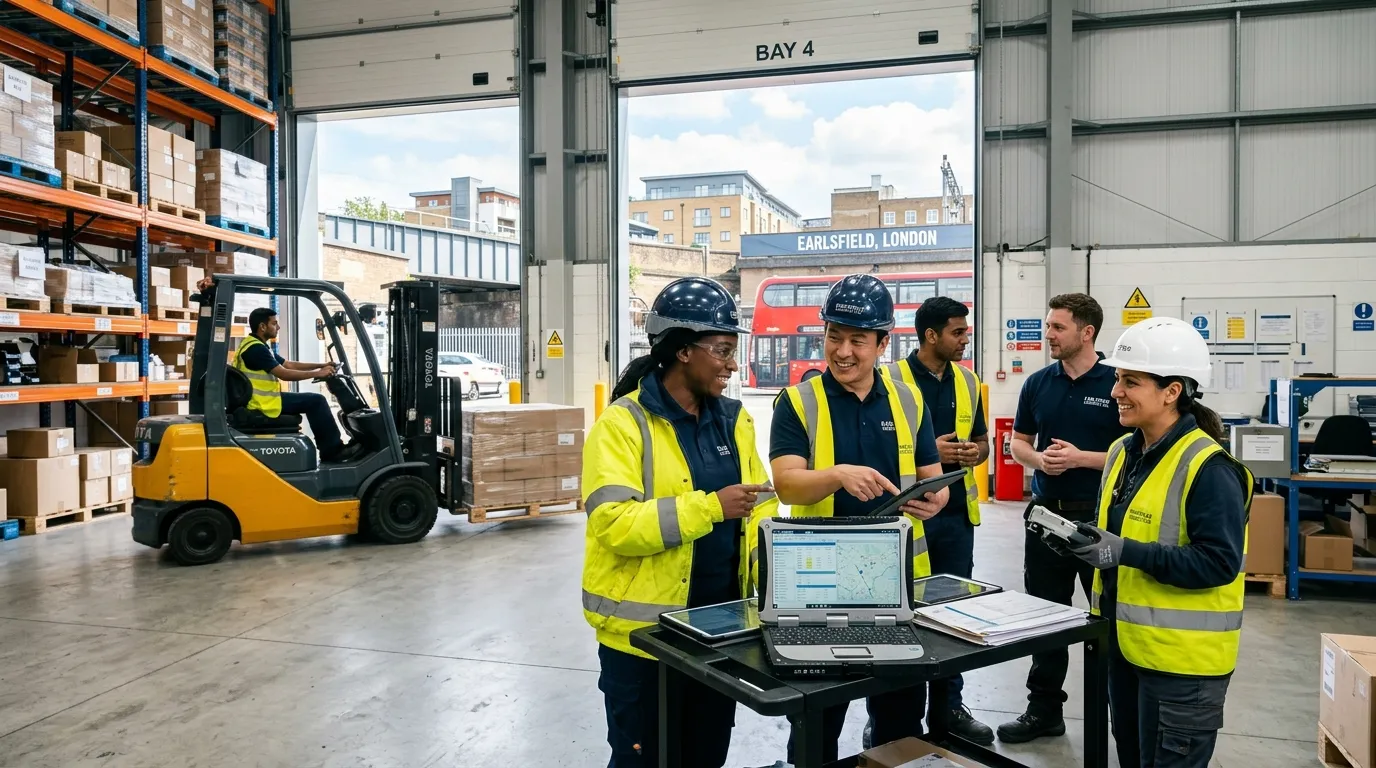 A dynamic hero image featuring a diverse group of professional workers in a modern light industrial or logistics setting in Earlsfield, London, with a bright, energetic, and professional mood. The focus is on collaboration and action.