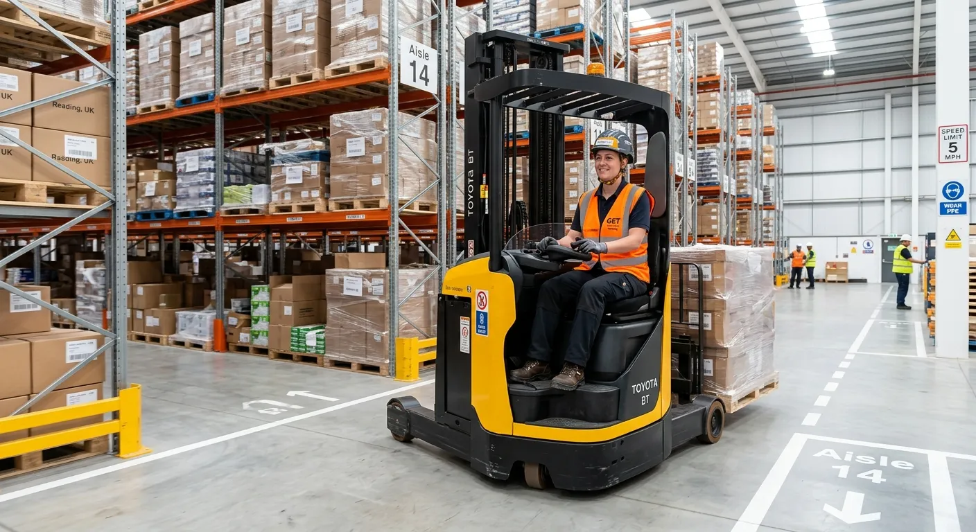 A professional, confident forklift driver in a modern warehouse in Reading, operating a forklift saf... A professional, confident forklift driver in a modern warehouse in Reading, operating a forklift safely with a rack of pallets in the background. Bright, clean, and professional mood.