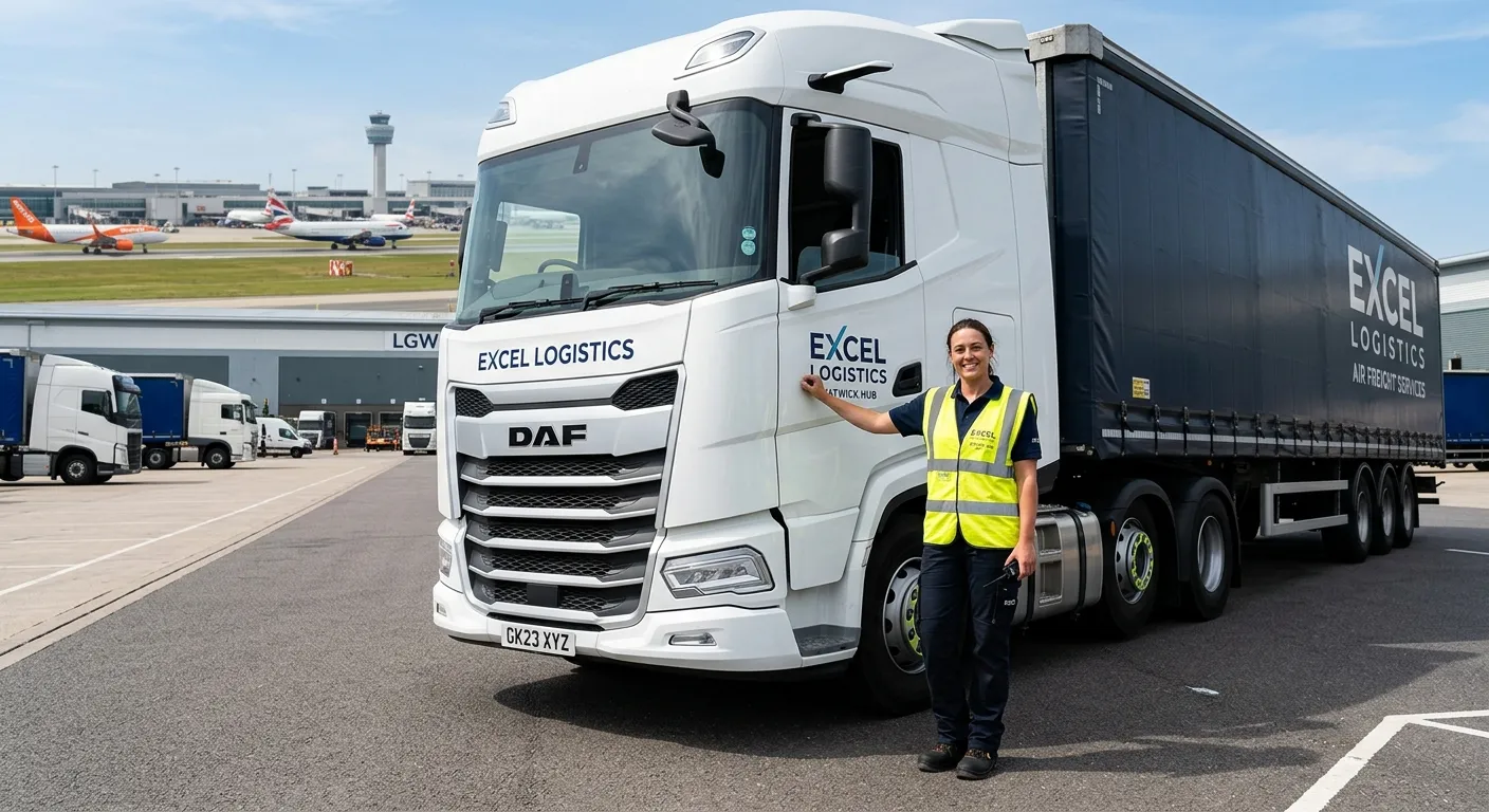 A professional, confident HGV driver in a high-vis vest standing beside a modern Class 1 articulated lorry at a logistics depot near Gatwick Airport, bright sunny day, realistic and aspirational style