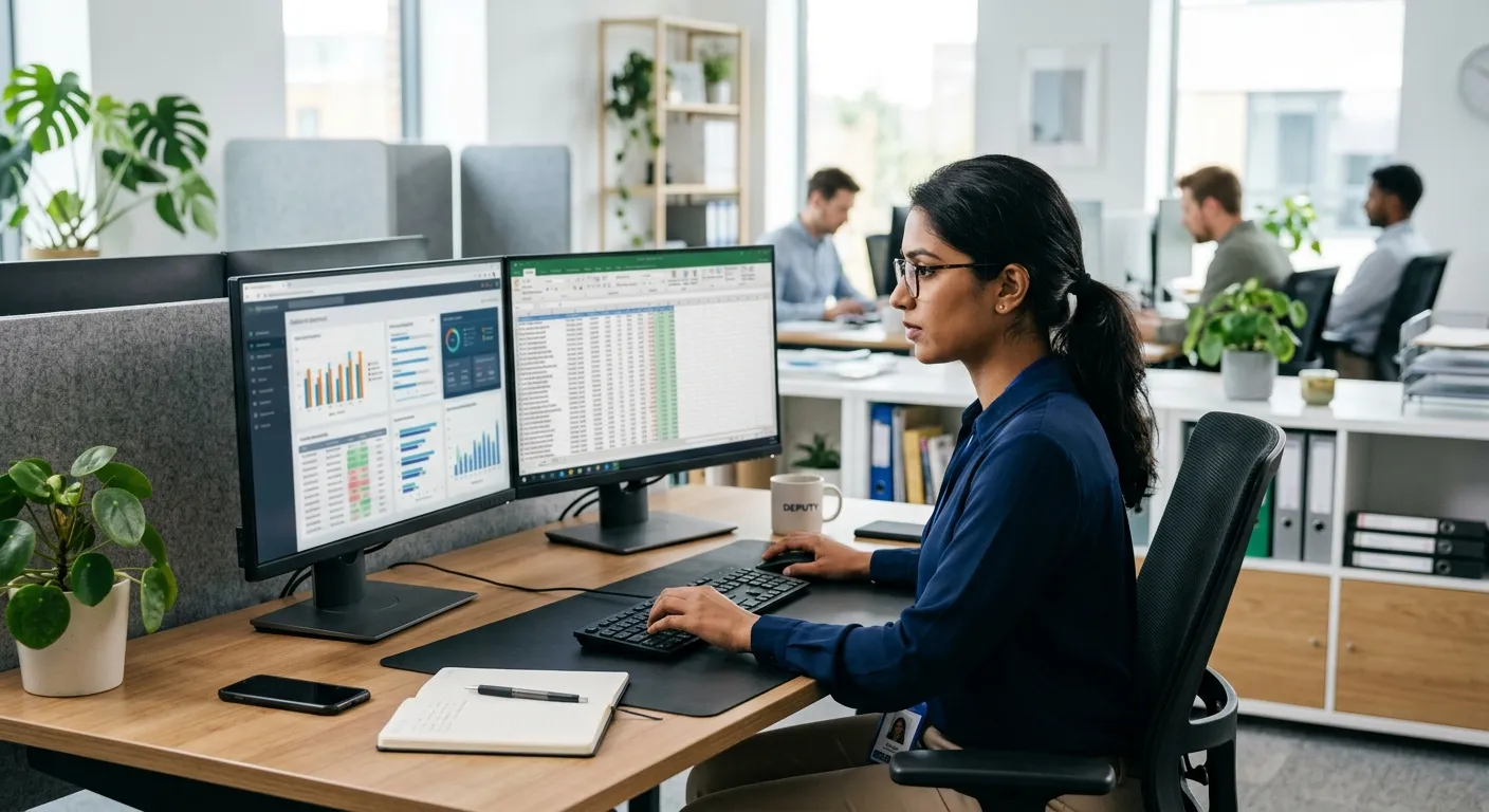 Modern, professional scene of a focused data entry back office executive working on dual monitors in... Modern, professional scene of a focused data entry back office executive working on dual monitors in a bright, organized office. The mood is efficient, digital, and precise, with a slight blur of data visualizations on the screens.