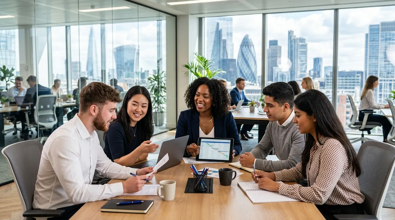 A dynamic, professional hero image showing a diverse group of temporary workers in a modern London office setting, collaborating with a recruitment consultant. Style: Bright, energetic, and professional. Mood: Confident, fast-paced, and efficient.