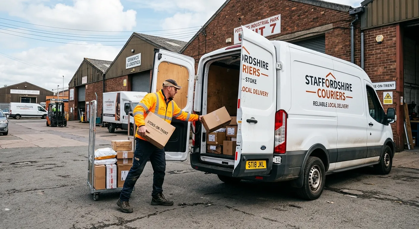 A professional multi-drop driver in high-visibility clothing, efficiently loading packages into a medium-sized van on an industrial estate in Stoke-on-Trent, conveying reliability and local industry.