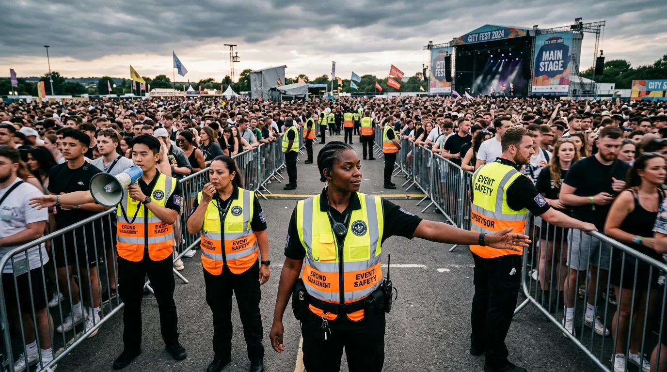 A dynamic, professional hero image showing a diverse team of Crowd Management Personnel in high-visibility vests, confidently managing a large, orderly crowd at a bustling public event. The mood is authoritative, safe, and controlled, with a slightly desaturated, dramatic tone.