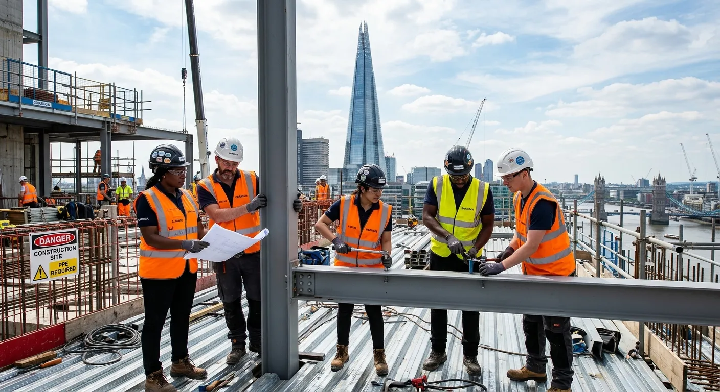 A professional, diverse group of Site Operatives in high-visibility vests and safety gear, working c... A professional, diverse group of Site Operatives in high-visibility vests and safety gear, working collaboratively on a modern construction site in London SE1, with the Shard or Tower Bridge visible in the background. Style: Authentic, action-oriented, professional stock photo.