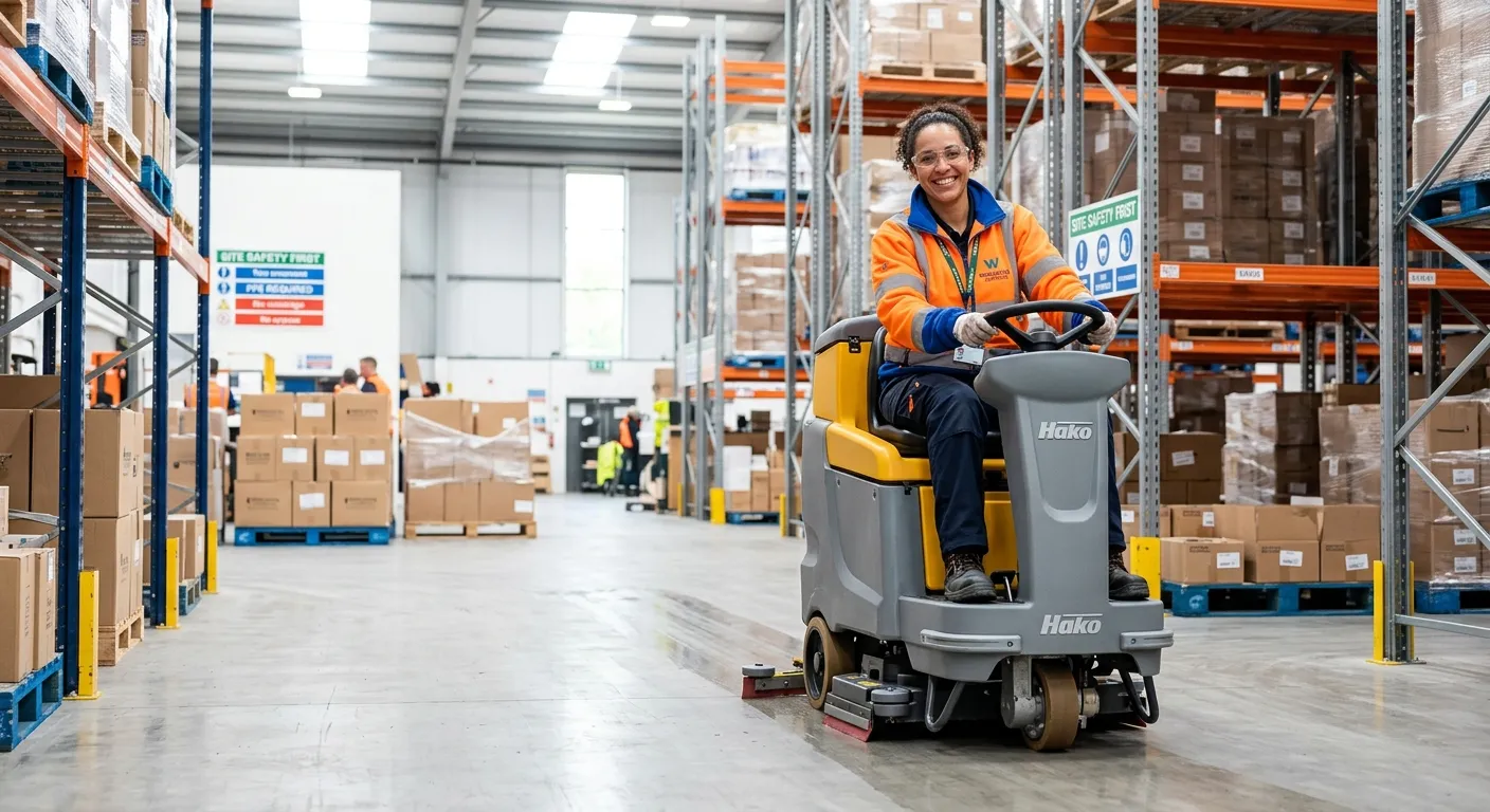 A professional, well-lit photograph of a Warehouse Cleaner in a modern, clean warehouse in Wimbledon... A professional, well-lit photograph of a Warehouse Cleaner in a modern, clean warehouse in Wimbledon. The individual is wearing high-visibility safety gear and is actively using industrial cleaning equipment, smiling and looking engaged. The image conveys professionalism, safety, and a positive work environment.